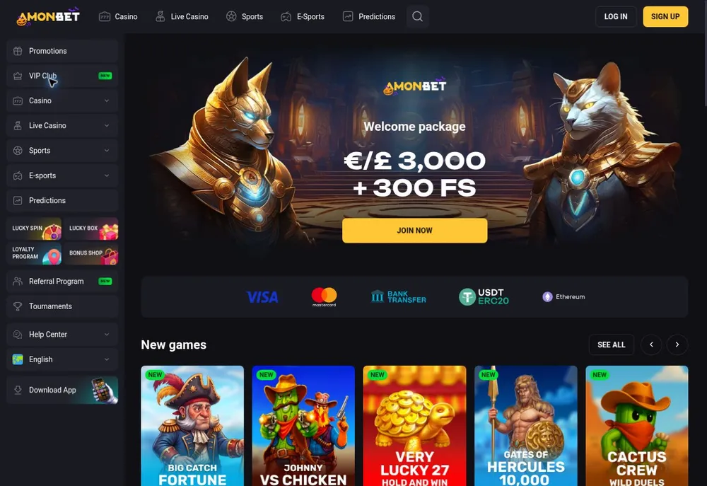 Bienvenida Amonbet con navegación de casino, en vivo, deportes y promociones
