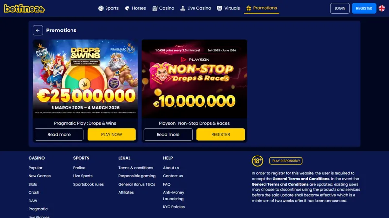 Interfaz de promociones de Betfine24 casino