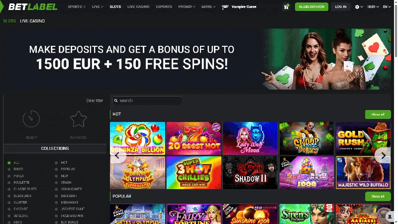 Catálogo de BetLabel casino en la interfaz de escritorio publicada
