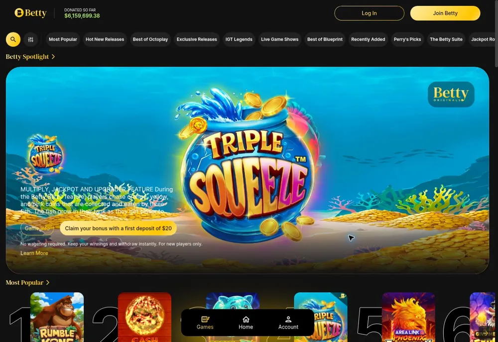 Página de descubrimiento de juegos de Betty Ontario con ilustraciones de casino y navegación