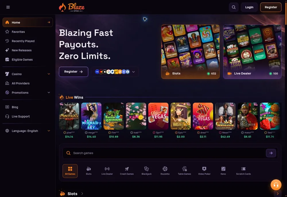 Sala pública de casino de Blaze Spins con navegación de tragamonedas, crupier en vivo y proveedores