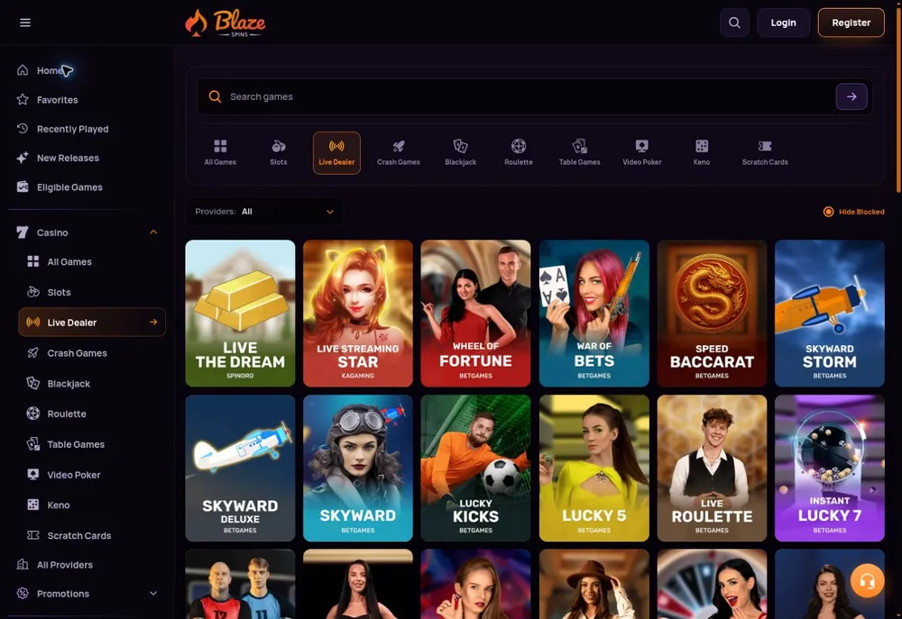 Colección de crupieres Blaze Spins con ruleta, blackjack, baccarat y programas