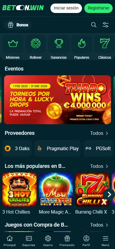 Interfaz del lobby móvil de BetonWin