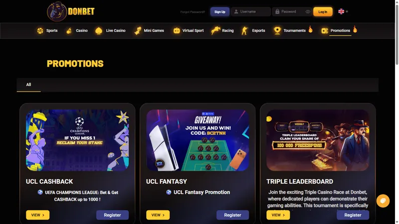 Interfaz de pantalla de promociones de Donbet