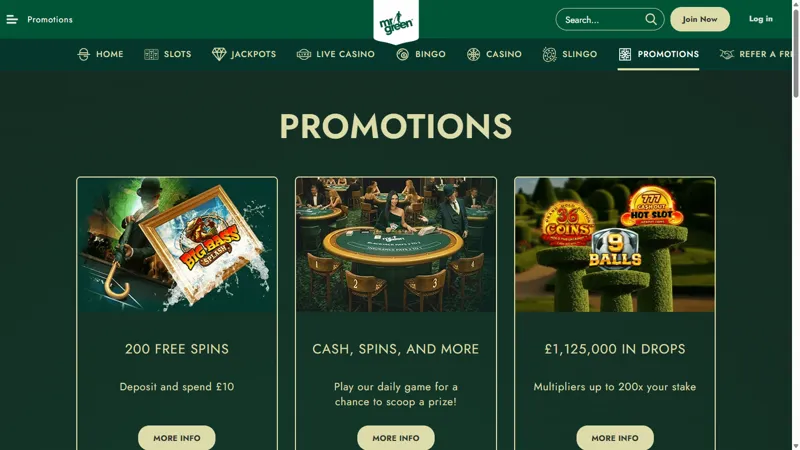 Interfaz de la pantalla de promociones de Mr Green