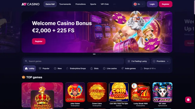Interfaz de escritorio del lobby de NV Casino