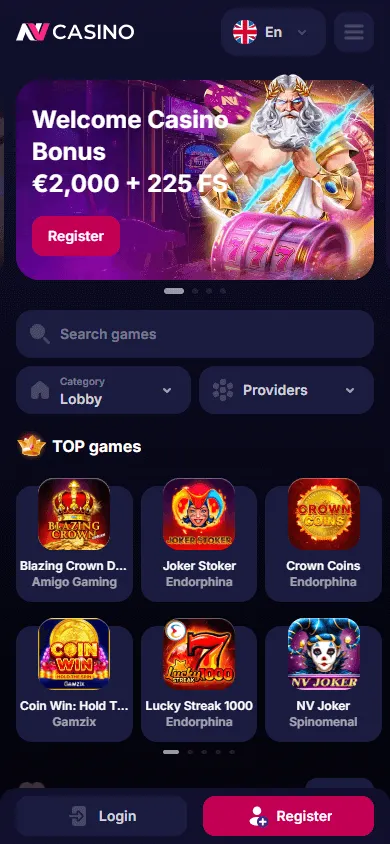 Interfaz móvil del lobby de NV Casino
