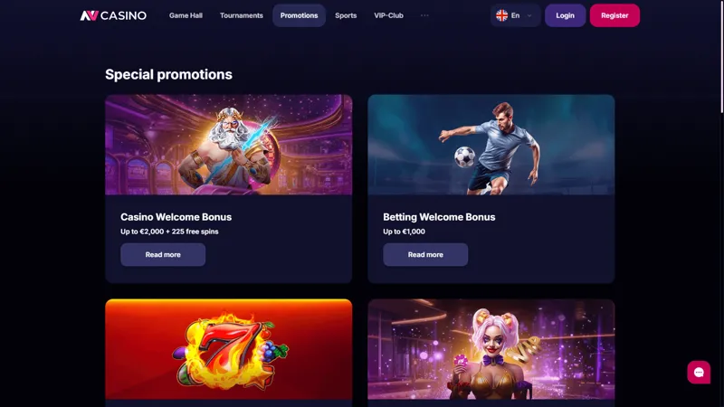 Interfaz de la pantalla de promociones de NV Casino