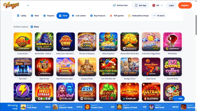 Interfaz de catálogo Vulkan Vegas