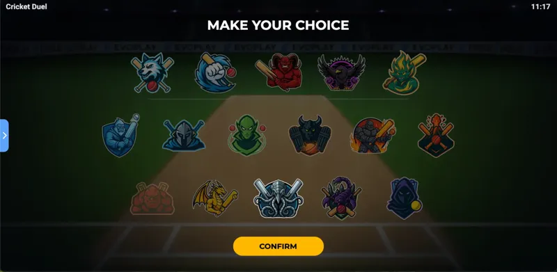 Interfaz de selección de equipos de Cricket Duel