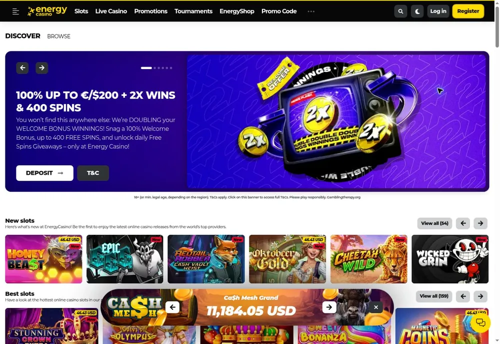 Sala de Energy Casino con campaña de bienvenida y portadas de tragamonedas nuevas