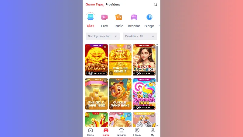 Catálogo de Filbet casino en la interfaz de escritorio publicada