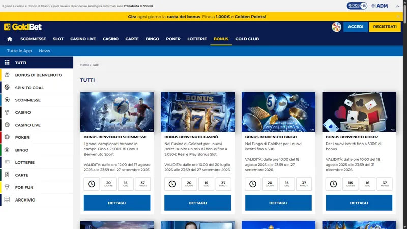 Interfaz de promociones de Goldbet Italy casino