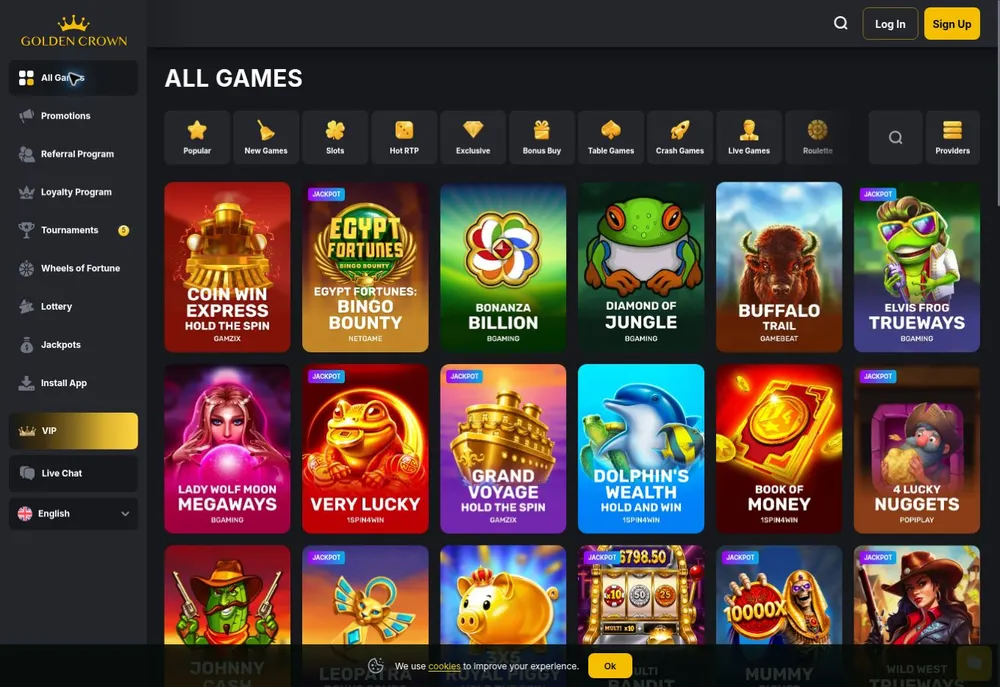 Selección de juegos de Golden Crown casino con filtros por categoría y portadas de tragamonedas