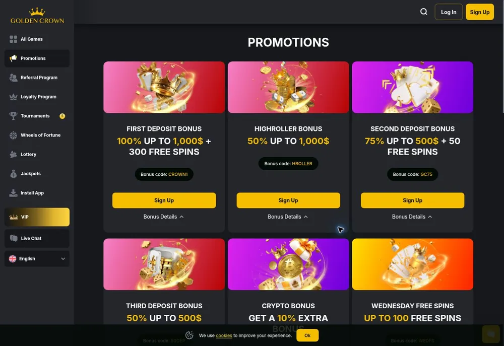 Catálogo promocional de Golden Crown con ofertas de primer, segundo depósito y grandes apostadores