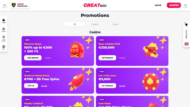 Promociones de GreatWin en la interfaz de escritorio publicada