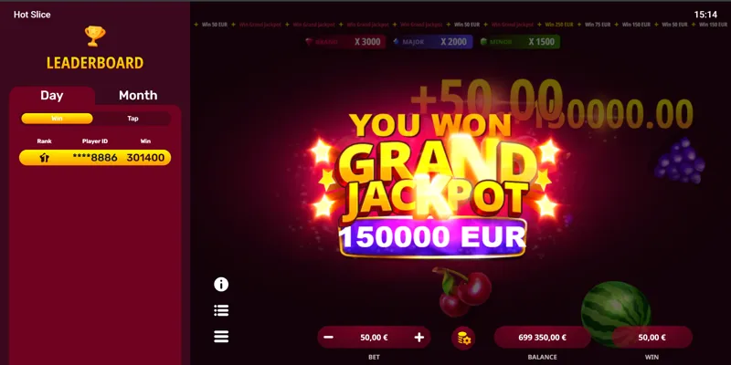 Pantalla de resultado del gran jackpot de Hot Slice