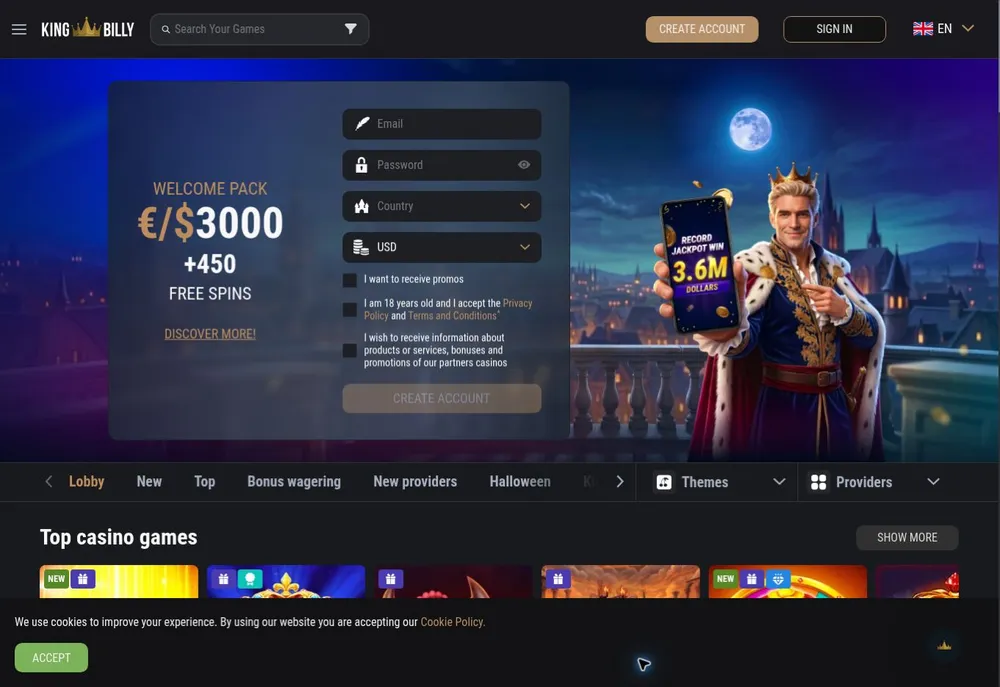 Vestíbulo King Billy casino con controles y categorías