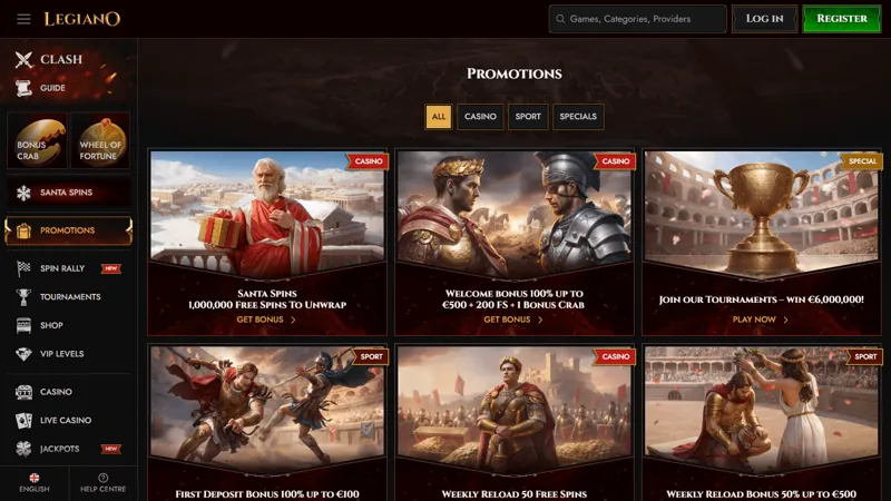 Interfaz de promociones de Legiano casino