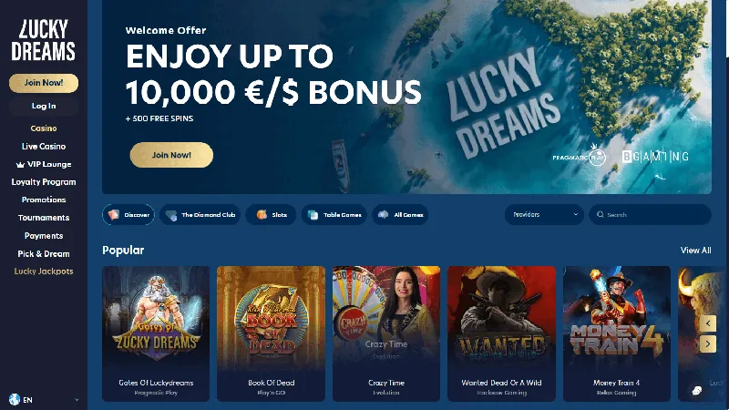 Portada y navegación de Lucky Dreams en la interfaz de escritorio publicada