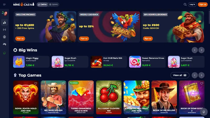 Catálogo de Nine Casino casino en la interfaz de escritorio publicada