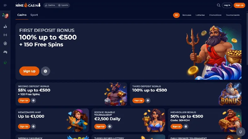 Promociones de Nine Casino en la interfaz de escritorio publicada