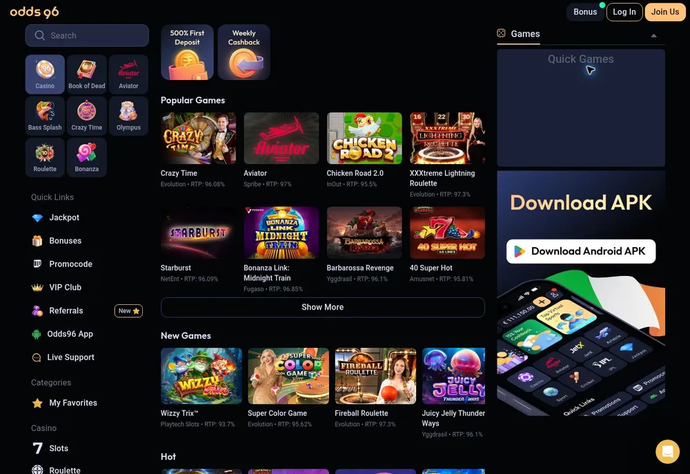 Vestíbulo de Odds96 casino con Crazy Time, Aviator, Chicken Road 2 y tarjetas de juegos nuevos