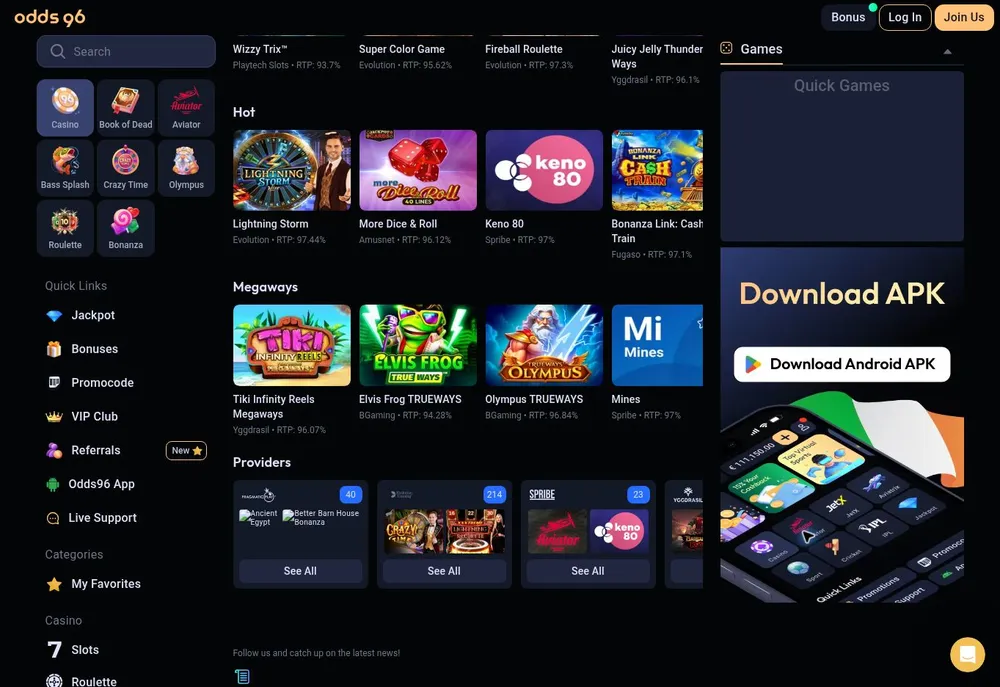 Catálogo de Odds96 con Lightning Storm, Keno 80, títulos Megaways y fichas de proveedores