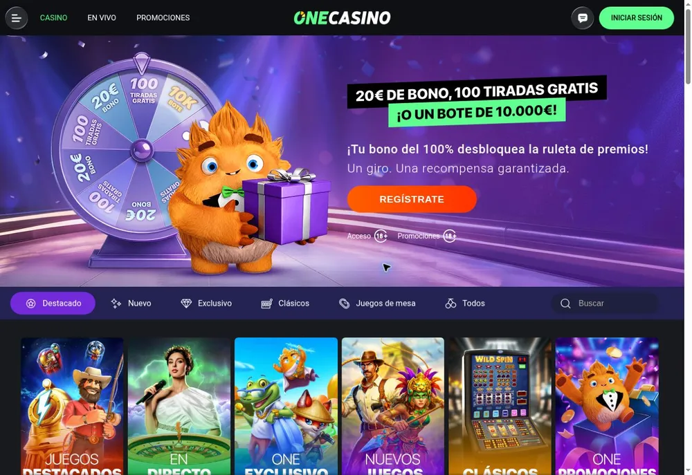 Sala de One Casino con banner de bienvenida y fichas de categorías de juegos destacados, en vivo, exclusivos y clásicos