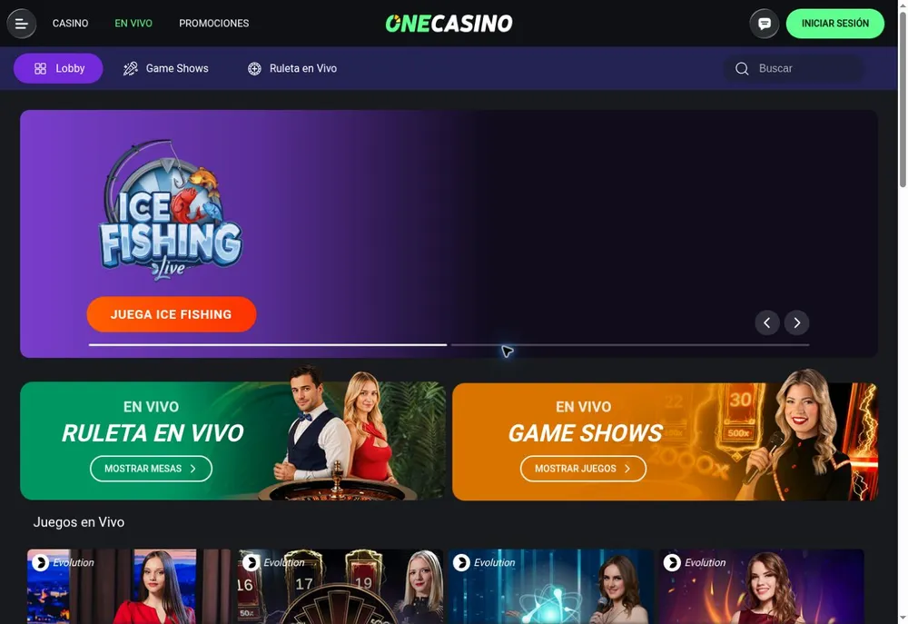 Página de casino en vivo de One Casino con ruleta, categorías de concursos y miniaturas de juegos de Evolution