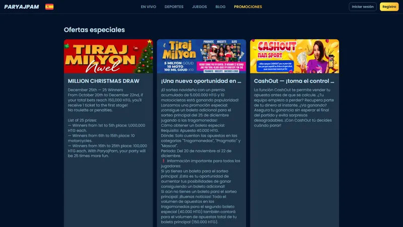 Interfaz de promociones de Paryajpam casino