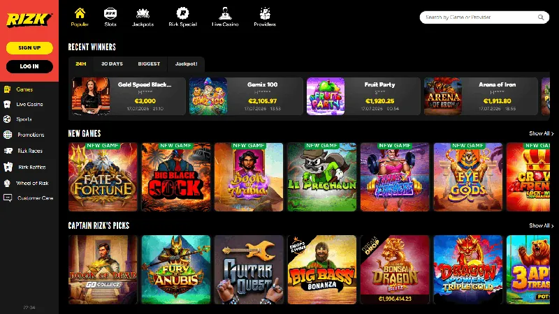 Catálogo de Rizk casino en la interfaz de escritorio publicada