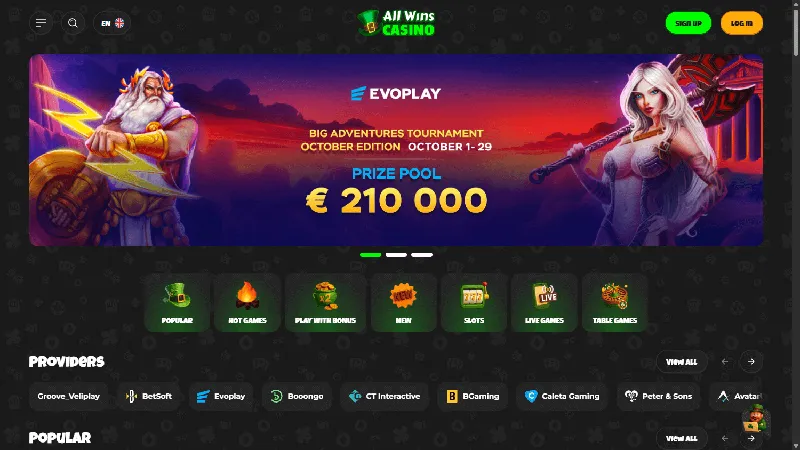 Portada de All Wins Casino: diseño de escritorio