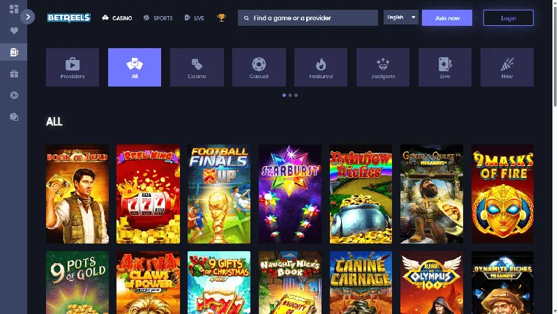 Catálogo de juegos de Betreels: diseño de escritorio