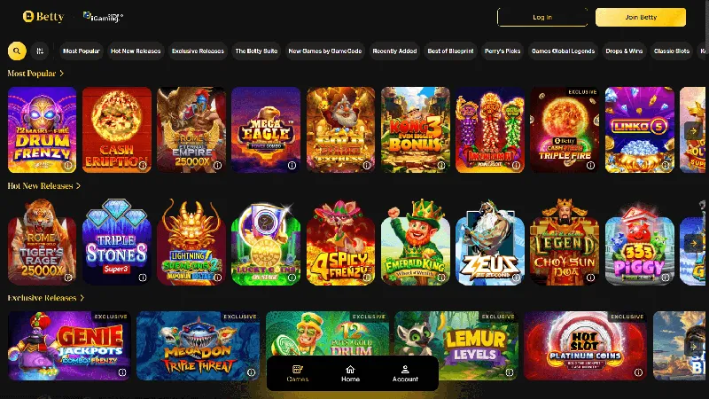 Catálogo de juegos de Betty Casino: diseño de escritorio