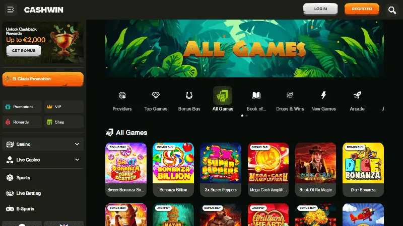 Catálogo de juegos de Cashwin: diseño de escritorio