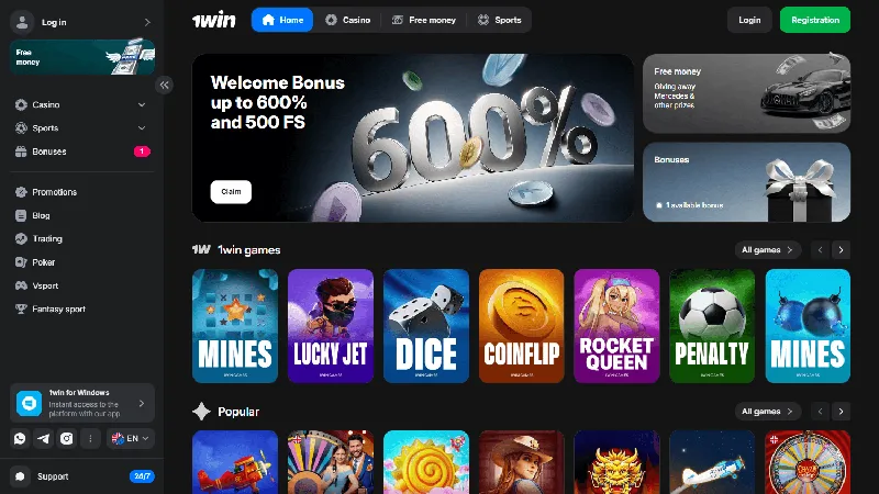 Portada de Casino Online 1win: diseño de escritorio