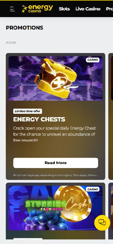 Página de promociones de Energy Casino — diseño móvil