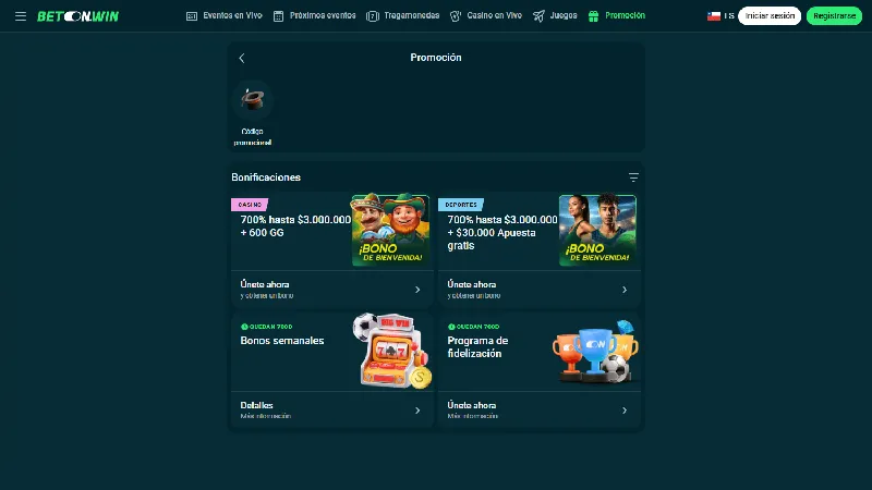 Promociones BetonWin Casino: escritorio