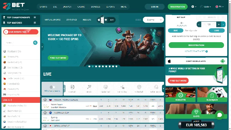 Portada de Casino Online 22BET: diseño de escritorio