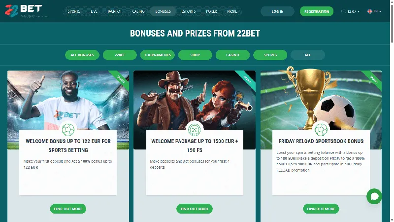 Promociones Casino Online 22BET: escritorio