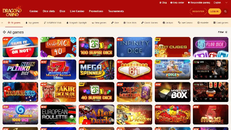 Catálogo de juegos de Dragon Casino: diseño de escritorio