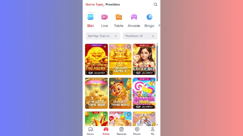 Catálogo de juegos de Filbet Casino: diseño de escritorio