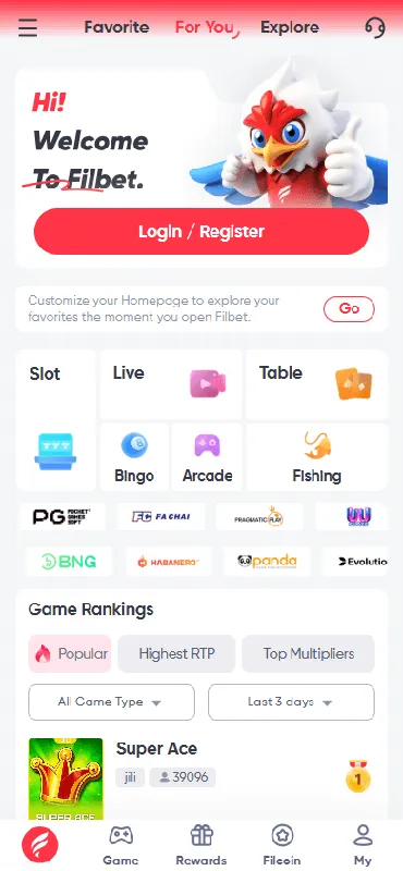 Página principal de Filbet Casino — diseño móvil