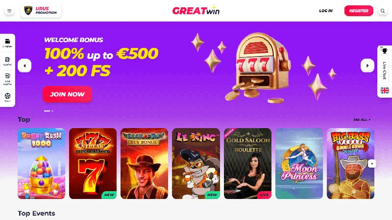 Portada de GreatWin Casino: diseño de escritorio