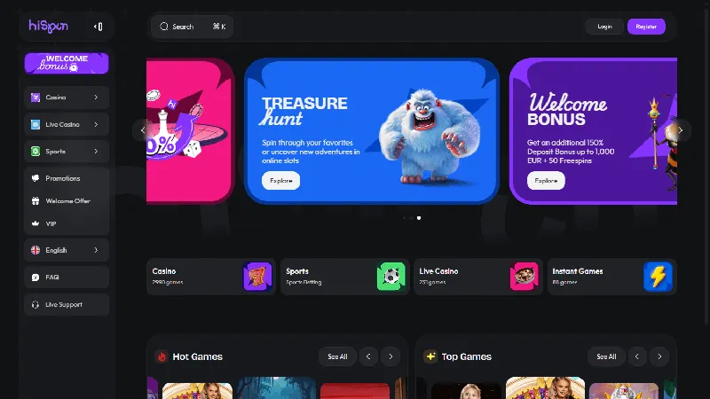 Portada de HiSpin Casino: diseño de escritorio