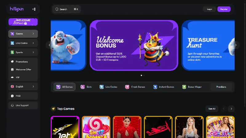 Catálogo de juegos de HiSpin Casino: diseño de escritorio
