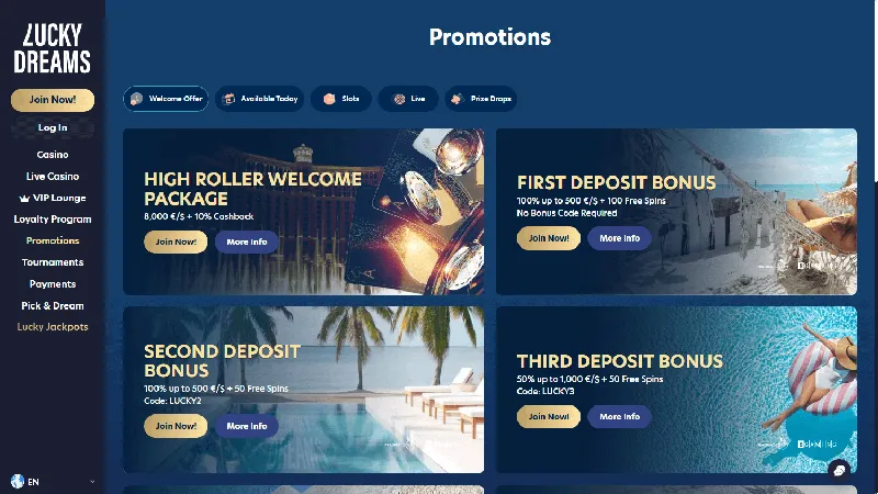 Promociones Lucky Dreams Casino: escritorio