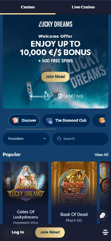 Página principal de Lucky Dreams Casino — diseño móvil