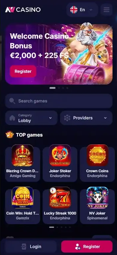 Página principal de NV Casino Casino — diseño móvil